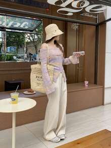 Women's Colorful Open Shoulder Off Shoulder Long Sleeve Sexy Sweater, Autumn/Winter Style (Random Stripes) - Pink - View 6