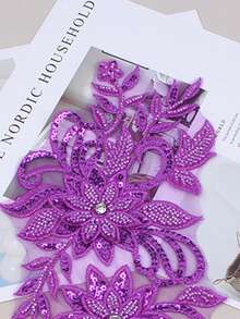彩色3D刺繡貼花附珠飾與水鑽，婚紗配件，網紗蕾絲DIY表演服裝刺繡補丁，長度：31CM/寬度：16CM - 淡紫色 - 查看 5