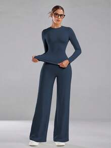 Women's Long Sleeve Slim-Fit Top And Wide Leg Pants Set, High Stretch, Breathable Two Pieces Outfit For Fall And Winter - Navy Blue - View 7