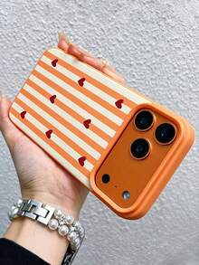 Phone Case: Fashionable Personalized Orange & Pink Striped Heart Phone Case, Anti-Slip Anti-Drop Protective Shell Suitable For IPhone17/17Pro/17ProMax/16/16Pro/16ProMax/15/15Pro/15ProMax/14/13/12/11, French Aesthetic Soft TPU Protective Shell, Designed For Women - Orange 1 - View 4
