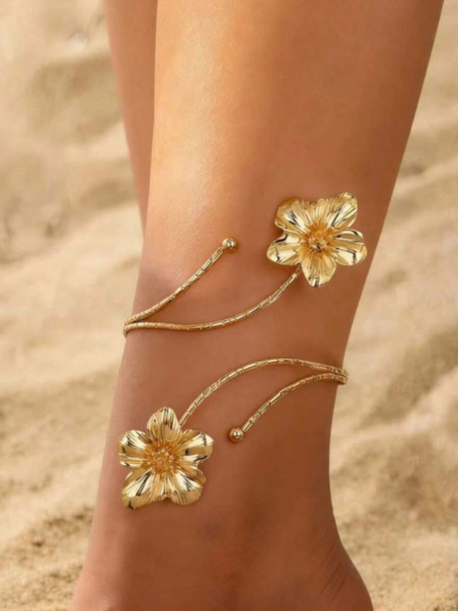 1pc Adjustable Floral Anklet, Geometric Design, Elegant Open Cuff Anklet, Suitable For Women's Daily Wear Jewelry - Gold - View 1