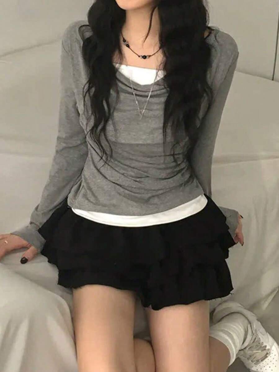 Sweet Cool Hot Girl Style Waist-Cinching 2 In 1 Versatile T-Shirt - Grey - View 1
