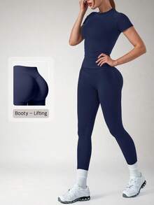 NcmRyu Women's One Set Solid Color Ribbed Seamless Crew Neck Short Sleeve Soft High Waist Ruched Sports Short Sleeve Skinny Pants Set - Navy Blue - View 11