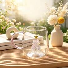 1pc/5pcs 400ml 3D Embossed Christmas Tree Handle Glass Mug, Transparent High Borosilicate Glass Cup With Green Handle, Holiday Christmas Theme Design, Suitable For Home, Office And Daily Use During Holidays - Multi-color - Christmas Tree - View 13