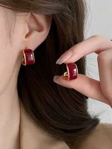 3 Pairs French Vintage Geometric Heart Enamel Stud Earrings Set, Suitable For Women's Daily Commute And Holiday Wear - Burgundy - View 5