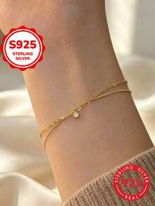 1pc S925 Sterling Silver Niche Design Ins Minimalist Cold Style Double Layer Rhinestone Bracelet For Women, Personalized Luxury Elegant Elegant Fashion Delicate High-End Hand Jewelry, Suitable For Casual, Party, Daily Commute, Low-Key Matching, Perfect Gift For Best Friend, Girlfriend - Double Layer - View 7