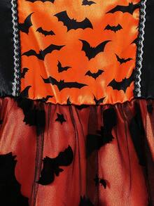 Girls' Autumn/Winter Halloween Bat Flocked Print Mesh Square Neck Puff Long Sleeve Dress, Suitable For Daily Casual, Holiday Party, Outings And Atmospheric Outfit - Orange - View 7