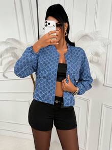 Women's Patterned Woven Fabric Jacket, Baseball Collar Long Sleeve Regular Fit, Button Decor, Casual Wear - Blue - View 7