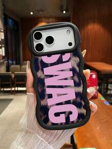 1pc Y2K American Vintage Leopard Print SWAG Large Letter Wavy Edge Matte Black Phone Case, Ins Hip-Hop Street Style Pattern - Black - View 5