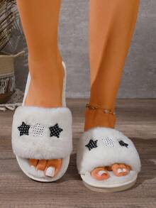 1 Pair Black Fuzzy Open Toe Slippers With Cute Star Decor, Non-Slip Flat Sole, Suitable For Autumn/Winter Home Wear And Outdoor Use - Black - View 5