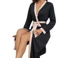 Women's Elegant V-Neck Adjustable Waist Long Robe - Soft Machine Washable Casual Home Morning Robe, Comfortable Loungewear Sleepwear - Black - View 6