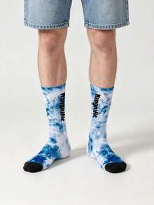 1 Pair Blue & White Tie-Dye Letter Print Mid-Calf Socks, American Street Style Unisex Socks, Casual Versatile For Back To School, Autumn - Multicolor - View 3