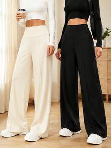 2pcs/Set Women's Straight Leg Pants, Elastic High Waist Casual Wide Leg Pants, Solid Color, Wide Waistband, Women's Outdoor Sports Bottoms, Suitable For Indoor/Outdoor/Commute Wear, Yoga Fitness Apparel - Multicolor - View 3