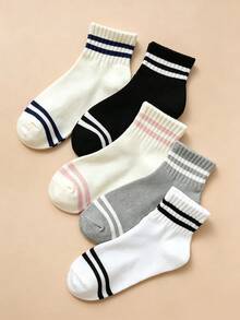 5 Pairs Women's Double Stripe Short Socks, College Style Casual Sports Socks, Comfortable Soft Daily Wear Socks - Multicolor - View 3
