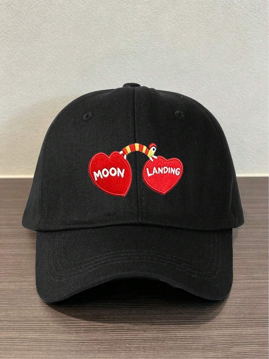 1件中性Y2K風格刺繡雙心MOON LANDING棒球帽,戶外日常通勤極簡Y2K棒球帽,青年時尚遮陽帽 - 黑色 - 查看 1