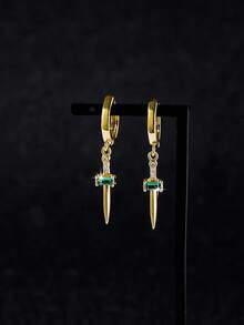 1 Pair Green Zirconia Short Sword Pendant Earrings, Gothic Style Personalized Long Vintage Knight Ear Dangle Earrings, Unisex - Multicolor - View 7