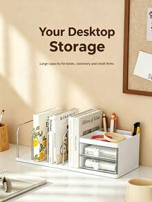 5/1pc Minimalist Plastic + Metal Rectangular Bookshelf, With Rabbit Dual Drawer Divided Book Holder, Desktop Book & Stationery Storage Rack, Practical Drawer Storage Box, Suitable For Study, Bedroom And Office Desktop Organization - Multicolor - View 4