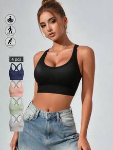 Runway Rest 4pcs/Set Women's Seamless Shock-Absorbing Sports Bras, Lightweight & Breathable, Suitable For Yoga And Light Exercise - Multicolor - View 1