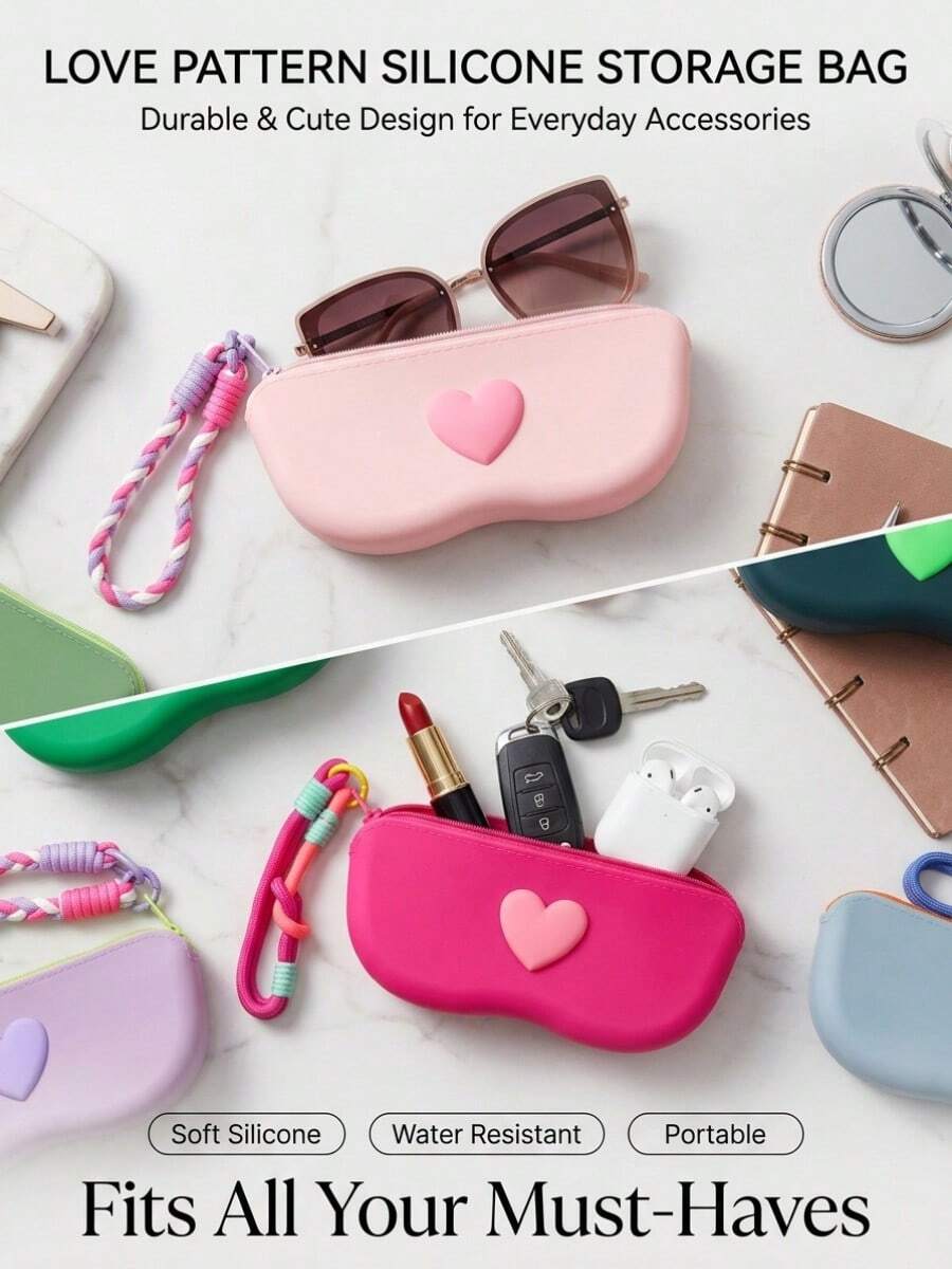 Heart-Shaped Silicone Glasses Case, Portable Fashion Glasses & Eyeglasses Storage Bag, Dust-Proof, Pressure-Resistant, Easy To Clean, Lightweight & Easy To Carry, Suitable For Daily Commute, Travel, Outdoor Use, Unisex, Versatile & Practical Eyewear Storage & Protection Accessory - Multicolor - View 1
