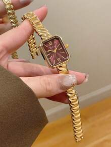 1件女士金色方形手鍊石英手錶，精緻小巧時尚，適合日常佩戴，生日/畢業禮物，休閒風格 - 金色 - 查看 1