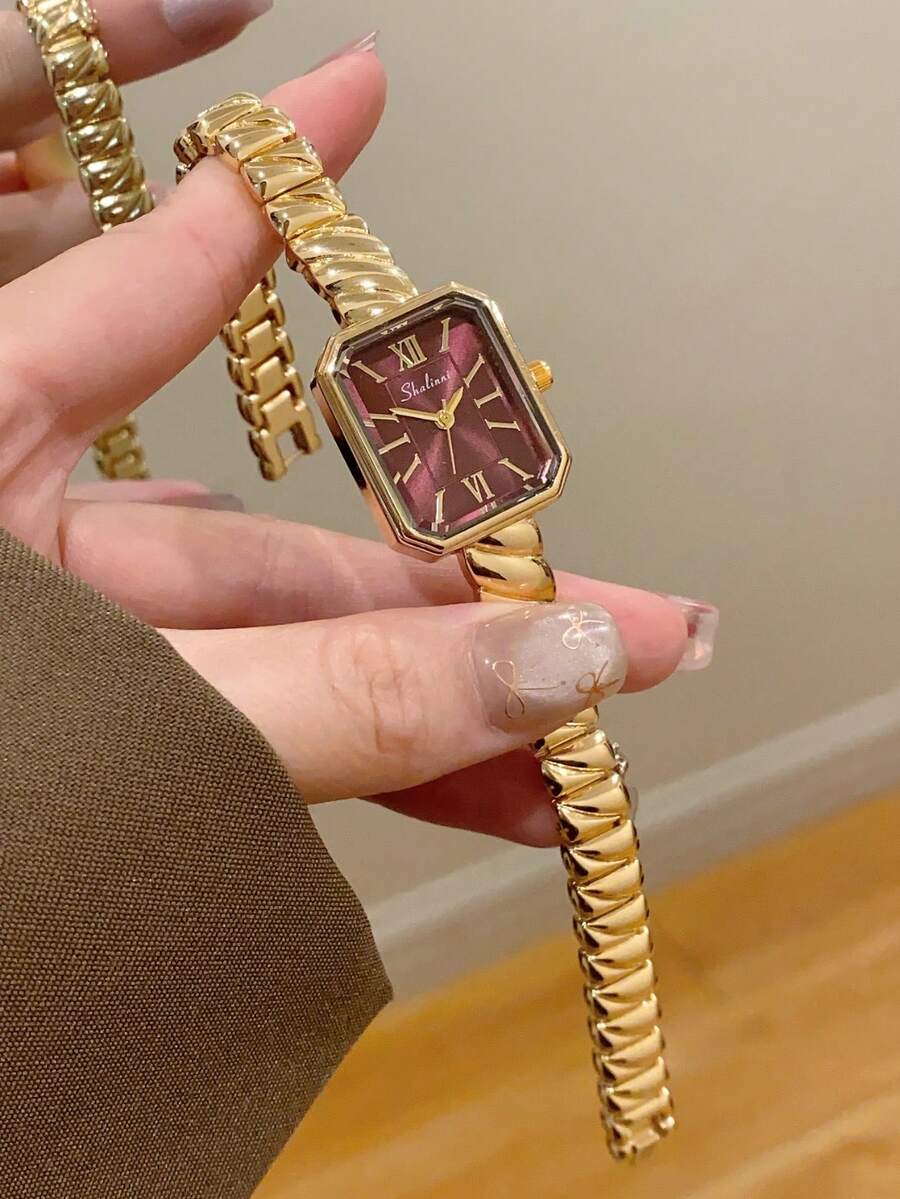 1件女士金色方形手鍊石英手錶,精緻小巧時尚,適合日常佩戴,生日/畢業禮物,休閒風格 - 金色 - 查看 1