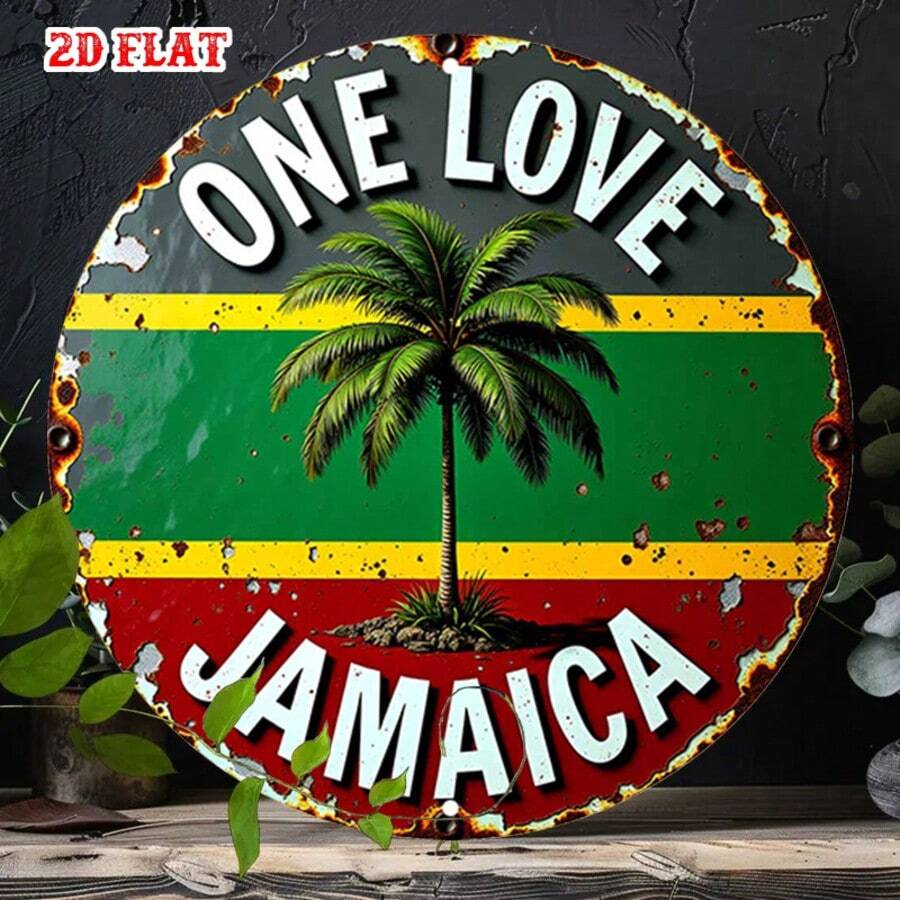 Round Sign, 2D Flat Design With Jamaican Style. This Beach-Themed Metal Sign Captures The Essence Of Tropical Islands, Perfect For Decorating Walls In Homes, Garages, Dining Areas Or Cafes, 2D Flat (Random Hole Placement) - A - View 1