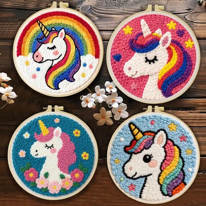 DIY Punch Needle Kit For Beginners – Includes Punch Needle, Yarn, Instructions, Hoop & Pre-Printed Fabric (Rainbow Unicorn). Creative Craft For Wall Decor Or Gifting. 2D Printed Punch Needle Starter Kit. 20x20cm (7.87x7.87in).