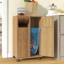 Trash Cabinet, 2-Compartment Waste Separation Cabinet, Rolling Kitchen Cabinet In Oak Finish, 2-Door Waste Separation Cabinet With Wheels, For Kitchen & Dining Room, 46.7x35x80cm - Natural Color - View 5