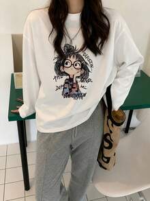 Women's Loose Fashion Versatile Cartoon Little Girl Print Long Sleeve T-Shirt, Spring/Autumn Casual White - White - View 4