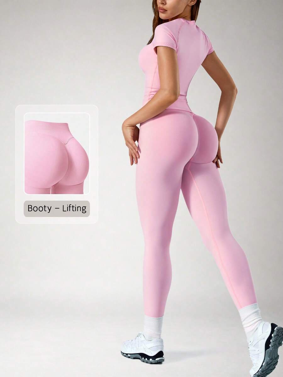 NcmRyu 1 Set Women's Solid Color Ribbed Seamless Crew Neck Short Sleeve Soft High Waist Ruched Sports Short Sleeve Tight Pants Suit - Pink - View 1