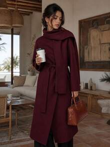Women's New Casual Versatile Scarf Collar Vintage Coat, Long Sleeve Warm Commute Elegant Lady Style Long Burgundy Overcoat, Autumn/Winter Spring - Burgundy - View 1