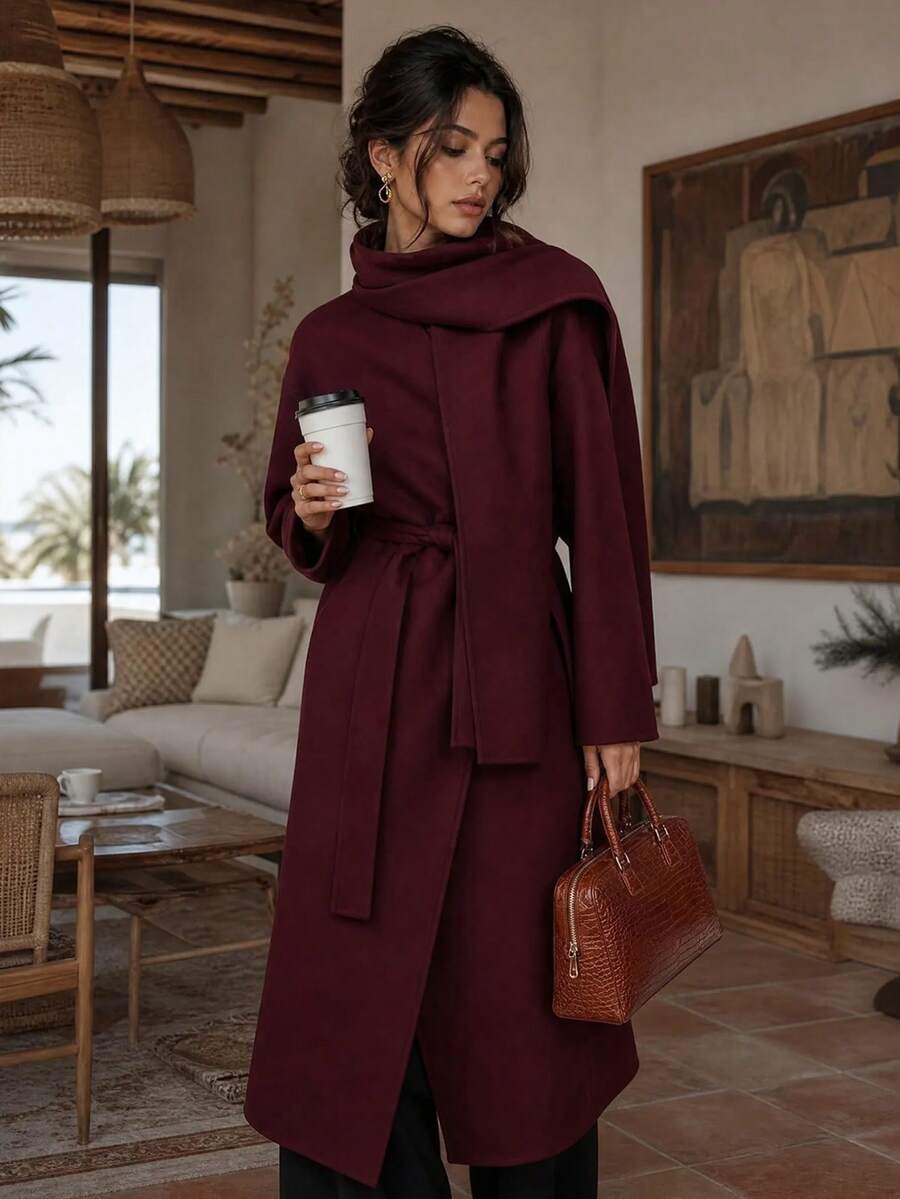 Women's New Casual Versatile Scarf Collar Vintage Coat, Long Sleeve Warm Commute Elegant Lady Style Long Burgundy Overcoat, Autumn/Winter Spring - Burgundy - View 1
