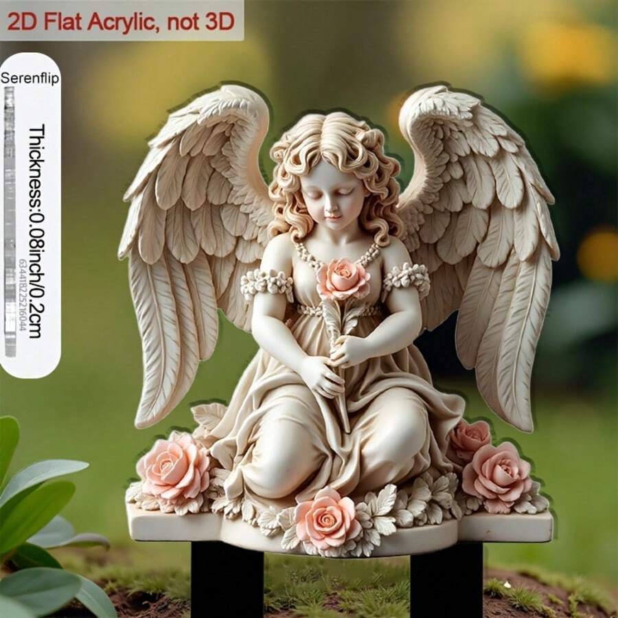 1pc 2D Flat Outdoor Acrylic Stake Sign, 8 Inch Pointed Bottom Decorative Angel Sculpture With Rose, Suitable For Flower Bed Decoration And Yard Ornament, Garden And Yard Decor, 2D Flat Style - Angel - View 1