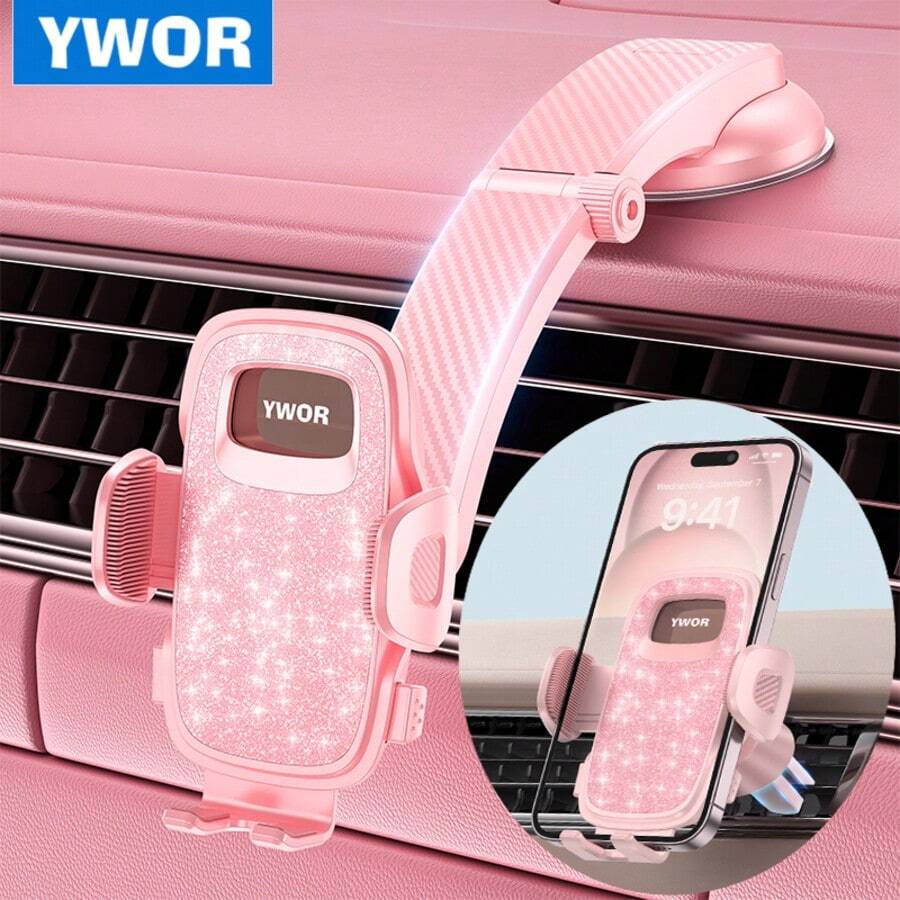 YWOR 粉色汽車手機支架，通用型汽車儀表板手機固定座，超強吸盤式手機車載支架