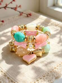 3pcs/Set Gelang Wanita Modis Gaya Retro Bohemian dengan Manik-manik Bertekstur Resin dan Liontin Hati, Gelang Berlapis Serbaguna - Pirus - View 11