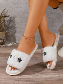 1 Pair Black Fuzzy Open Toe Slippers With Cute Star Decor, Non-Slip Flat Sole, Suitable For Autumn/Winter Home Wear And Outdoor Use - Black - View 3