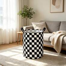 1PC Classic Black And White Checkered Double-Handle Laundry Basket, Vintage Racing Check Pattern Foldable Storage Bin, Minimalist Style Bedroom Storage Bucket, Suitable For Clothes And Miscellaneous Storage - View 4