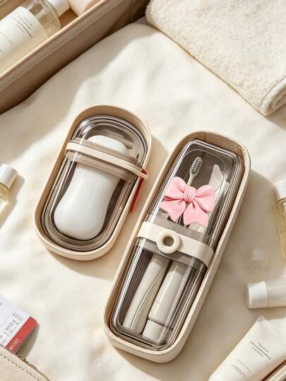Portable Travel Soap Dish And Toothbrush Holder Set - With Bow Decoration, Outdoor Travel Toothbrush And Toothpaste Storage Box, Oval Shape, Travel Essential, Back To School Essential, Holiday Camping Essential, Bathroom Accessory, Home And Storage Supplies, Camping, Fitness, Travel Essential, School Accessory And Bathroom Supplies, Back To School Essential, Teacher Appreciation Gift, Perfect Housewarming, Christmas And Thanksgiving Gift For Family, Friends And Loved Ones