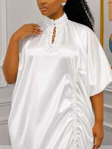 African Style White Loose Long Bubu Dress, Lace Collar, Batwing Sleeves, Side Drawstring Ruched Kaftan Dress, Suitable For Formal Church Occasions - White - View 3