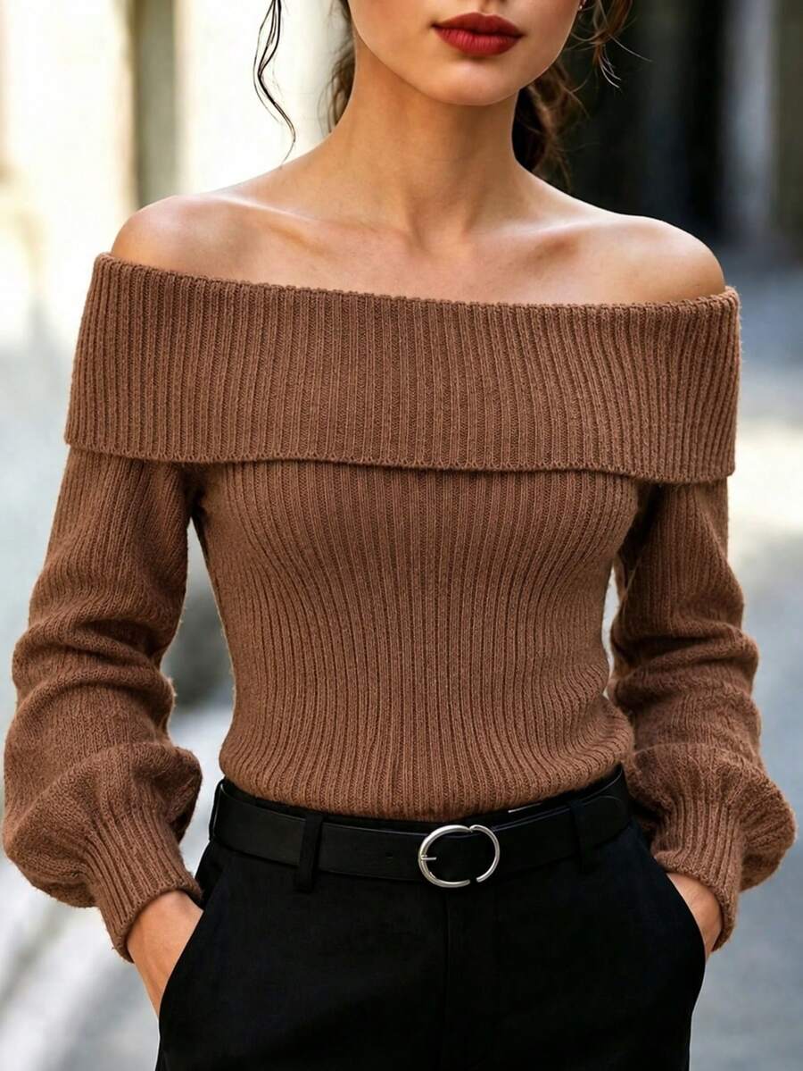 Sweater Pullover Wanita Rajut Regular Model Off-Shoulder Warna Polos Bertekstur, Cocok untuk Kembali ke Sekolah, Pesta, Musim Semi, Musim Panas, Musim Gugur, dan Musim Dingin. - Unta - View 1