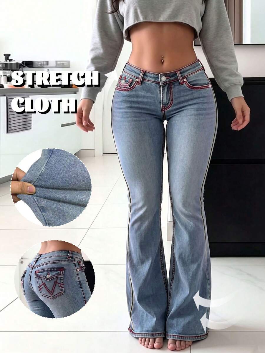 GILIPUR Jeans a zampa di elefante in denim lavato azzurro chiaro a vita bassa stile Y2K da donna, con dettagli di cuciture a contrasto rosse, vestibilità slim bootcut, pantaloni casual streetwear