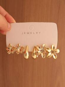 6/18PCS Fashionable Elegant Floral Geometric Textured Metallic Earring Set Suitable For Party, Banquet, Travel, Wedding, Vacation, Daily Wear Jewelry Gift (Lightweight ABS Material, Non-Fading) - Gold - View 2