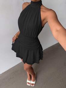 Faeriesty Elegant Halter Neck Backless Mini Dress With Layered Ruffle Hem Black - Black - View 4