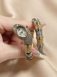 SOKI Women's Fashion Personalized Snake Bracelet Watch Quartz Watch Electronic Drive And Pointer Display Suitable For Daily Wear Back To School Season Time Checking Birthday Gift Also Ideal Choice For Friends - Silver and Gold - View 4