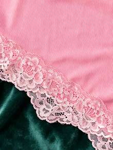 2pcs Floral Lace Pajama Set, V-Neck Solid Color Comfortable Knit Fabric Bow Top And Shorts Women Sleepwear - Baby Pink - View 4