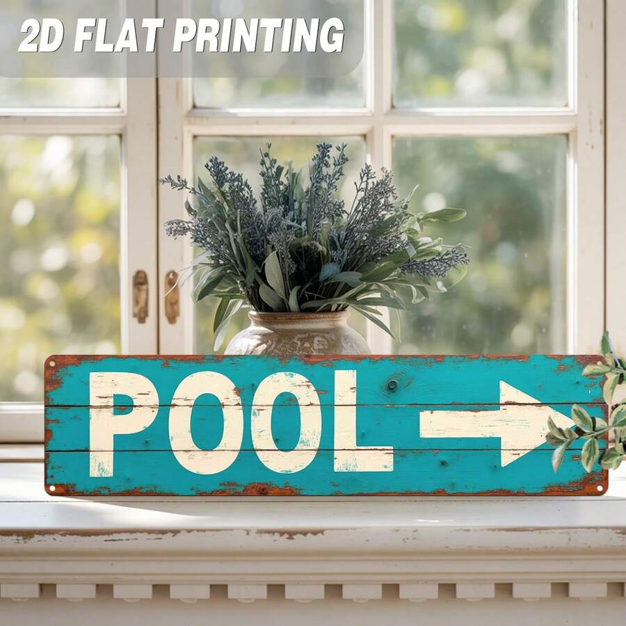 This Is A 2D Flat, Single Piece Vintage Turquoise And White Directional Sign, Suitable For Pools, With An Arrow. It Features Rustic Turquoise Blue Lettering And Is Made Of Heavy-Duty Material, Designed As Your Backyard (Random Style) - A - View 1