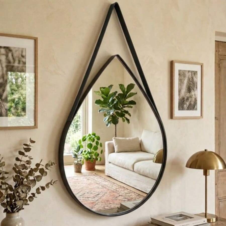 Espelho Courino com Alça de Parede Design Gota Orgânico - Estilo moderno - PRETO - Visão 1
