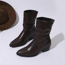 Women's Soft Ruched Stacked Mid-Calf Boots, Vintage Pointed Toe Chunky Heel Western Cowboy Boots, Leg-Lengthening Elegant Ankle Boots, Western Style, Holiday - Brown - View 6
