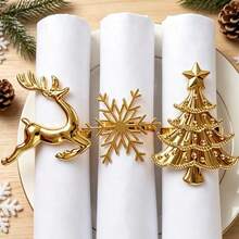 6/12pcs/Set Merry Christmas Napkin Ring Set, Christmas Tree Napkin Holder, Snowflake Reindeer Napkin Holder, Napkin Cloth Decoration, Christmas Table Decor, Christmas Restaurant Table Setting Decoration, Christmas Gift Set - Gold - View 1