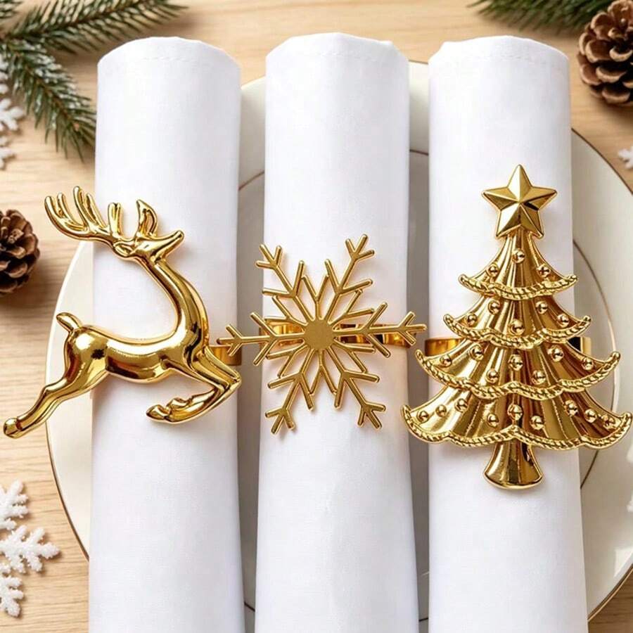 6/12pcs/Set Merry Christmas Napkin Ring Set, Christmas Tree Napkin Holder, Snowflake Reindeer Napkin Holder, Napkin Cloth Decoration, Christmas Table Decor, Christmas Restaurant Table Setting Decoration, Christmas Gift Set - Gold - View 1